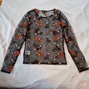 Express Black Mesh Top with Floral Embroidery, XS